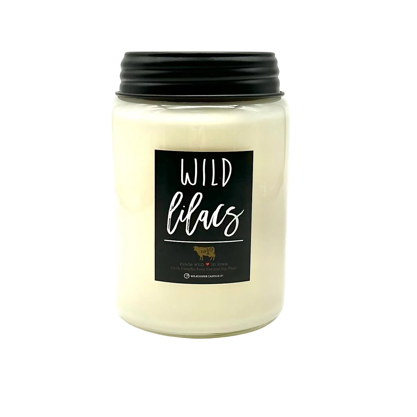 Candle jar labeled 'Wild Lilacs' on a white background