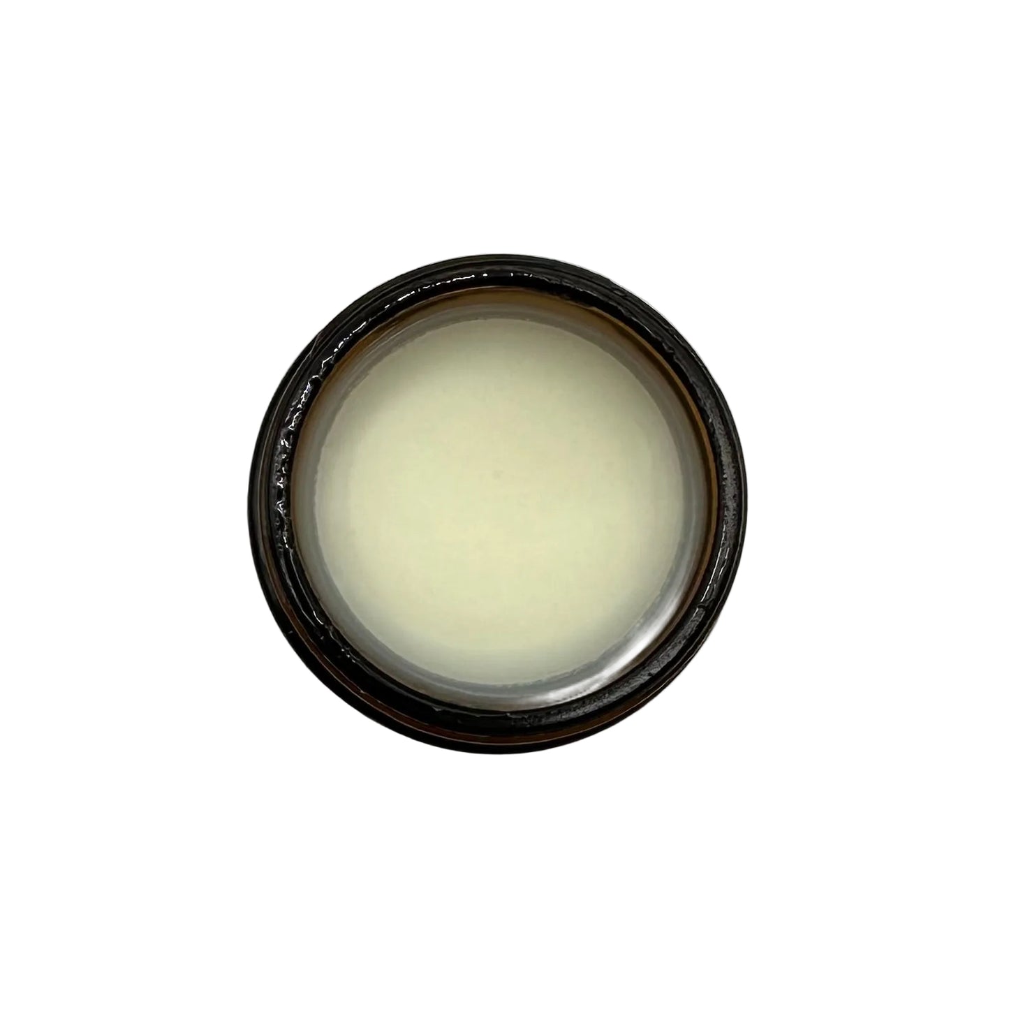 Small round container with a black lid on a white background