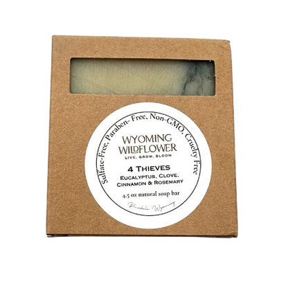 Wyoming Wildflower soap bar in a brown cardboard box with a label.