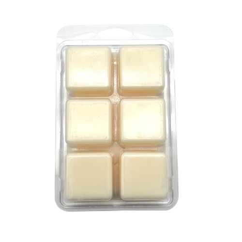 Pack of six square wax melts in a clear plastic packaging on a white background