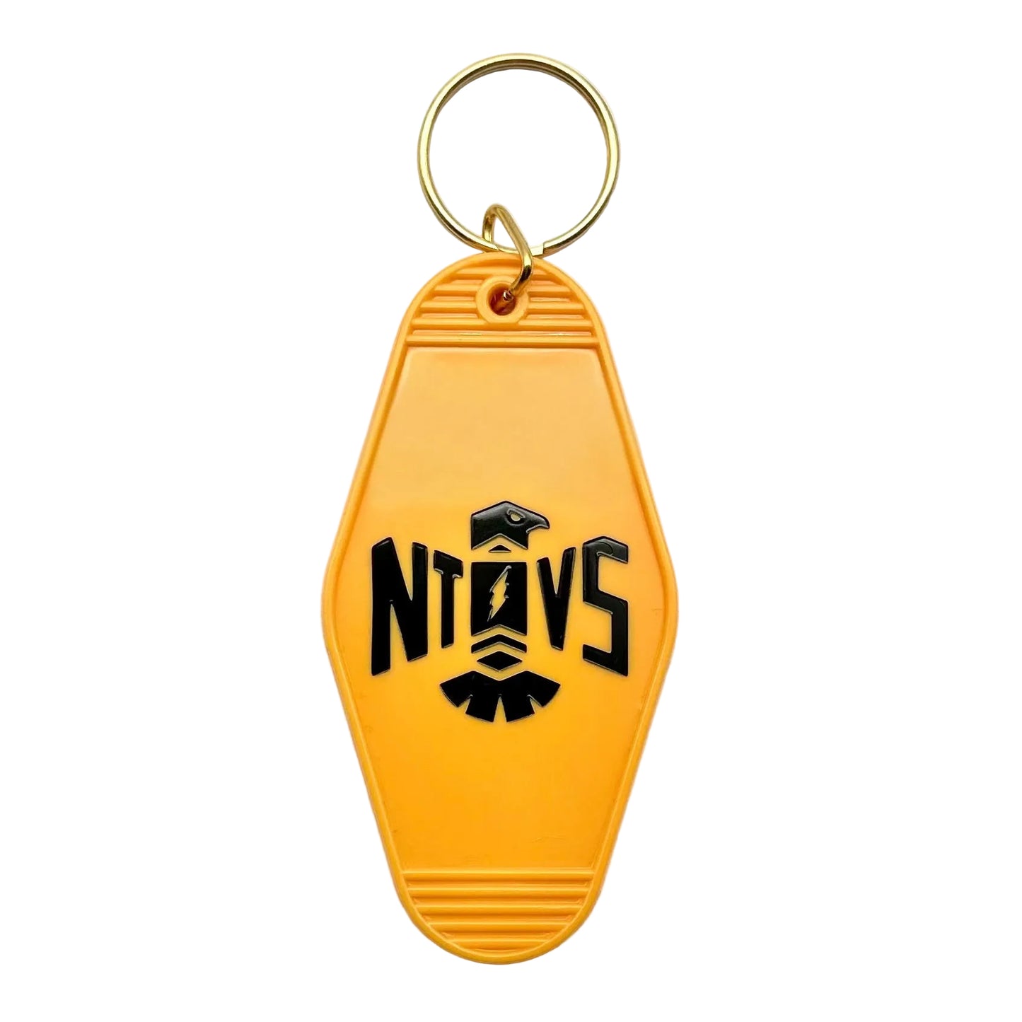 Yellow keychain with black logo on a white background