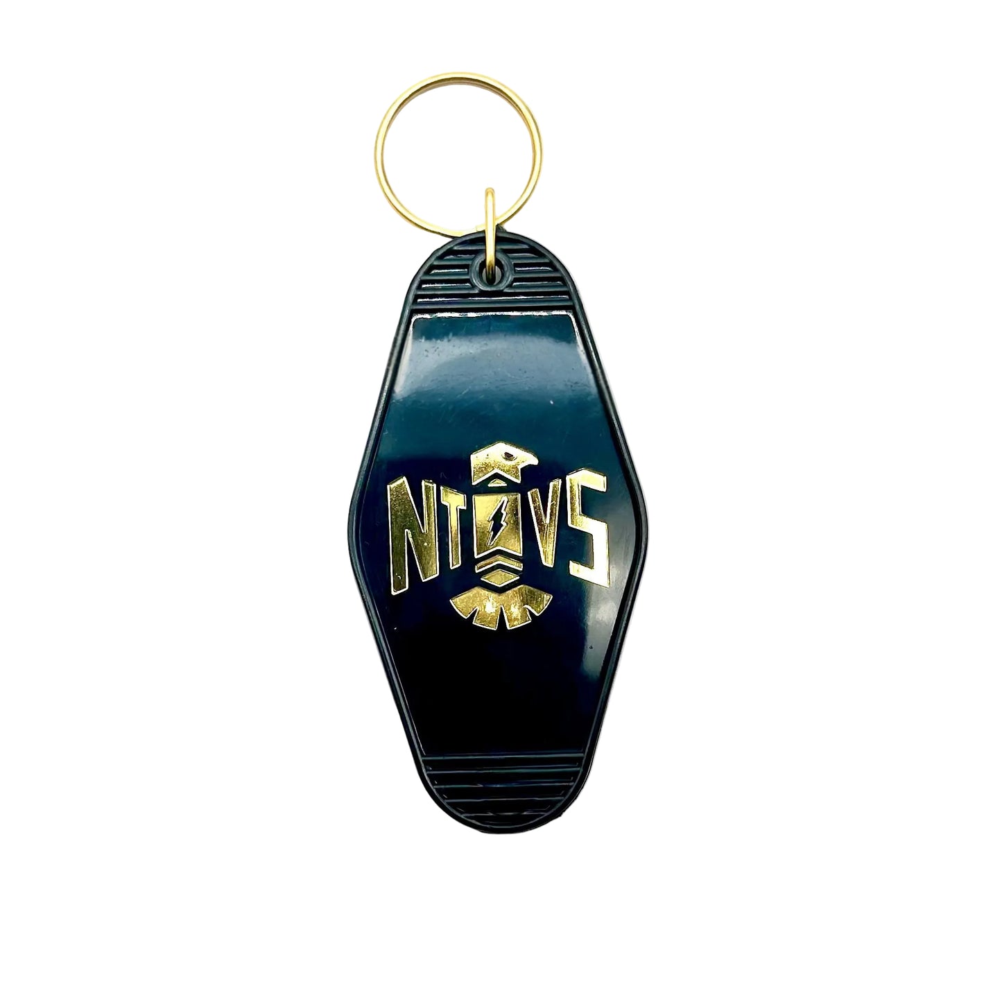 Black keychain with gold logo on a white background