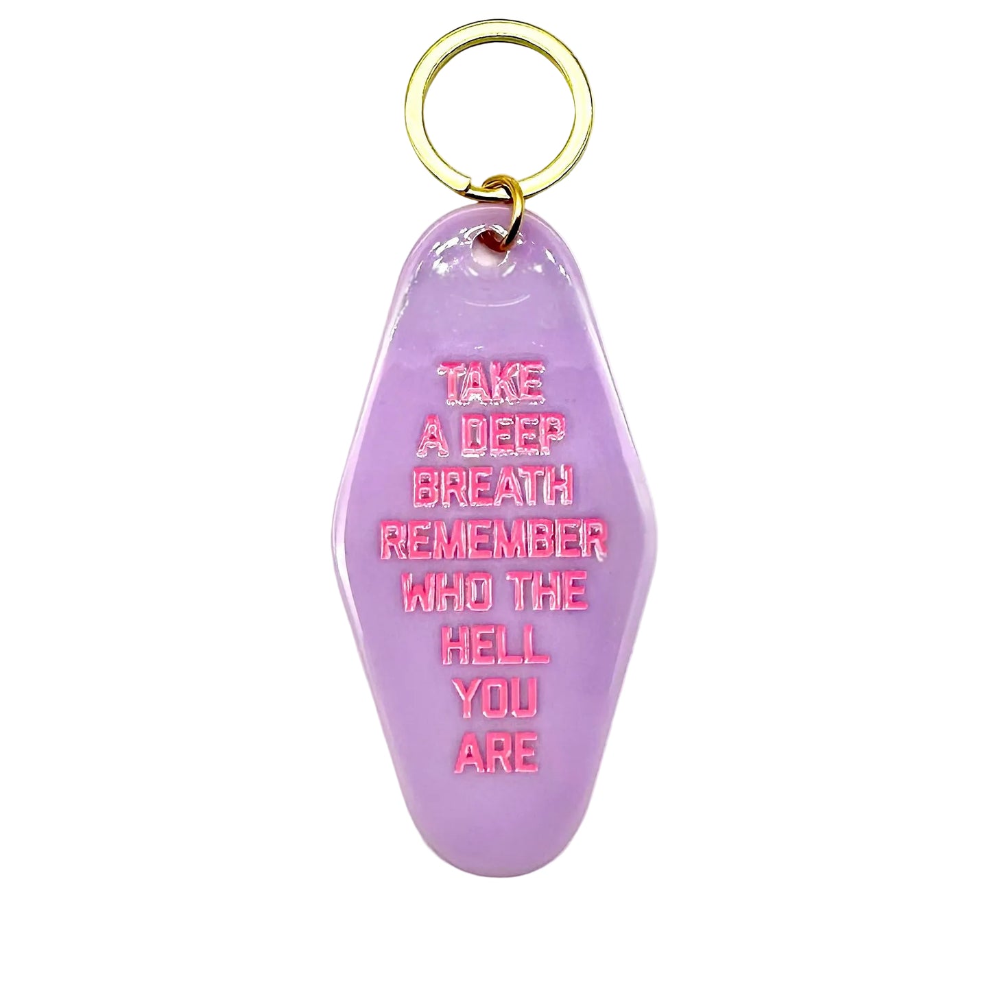 Purple keychain with pink text on a white background