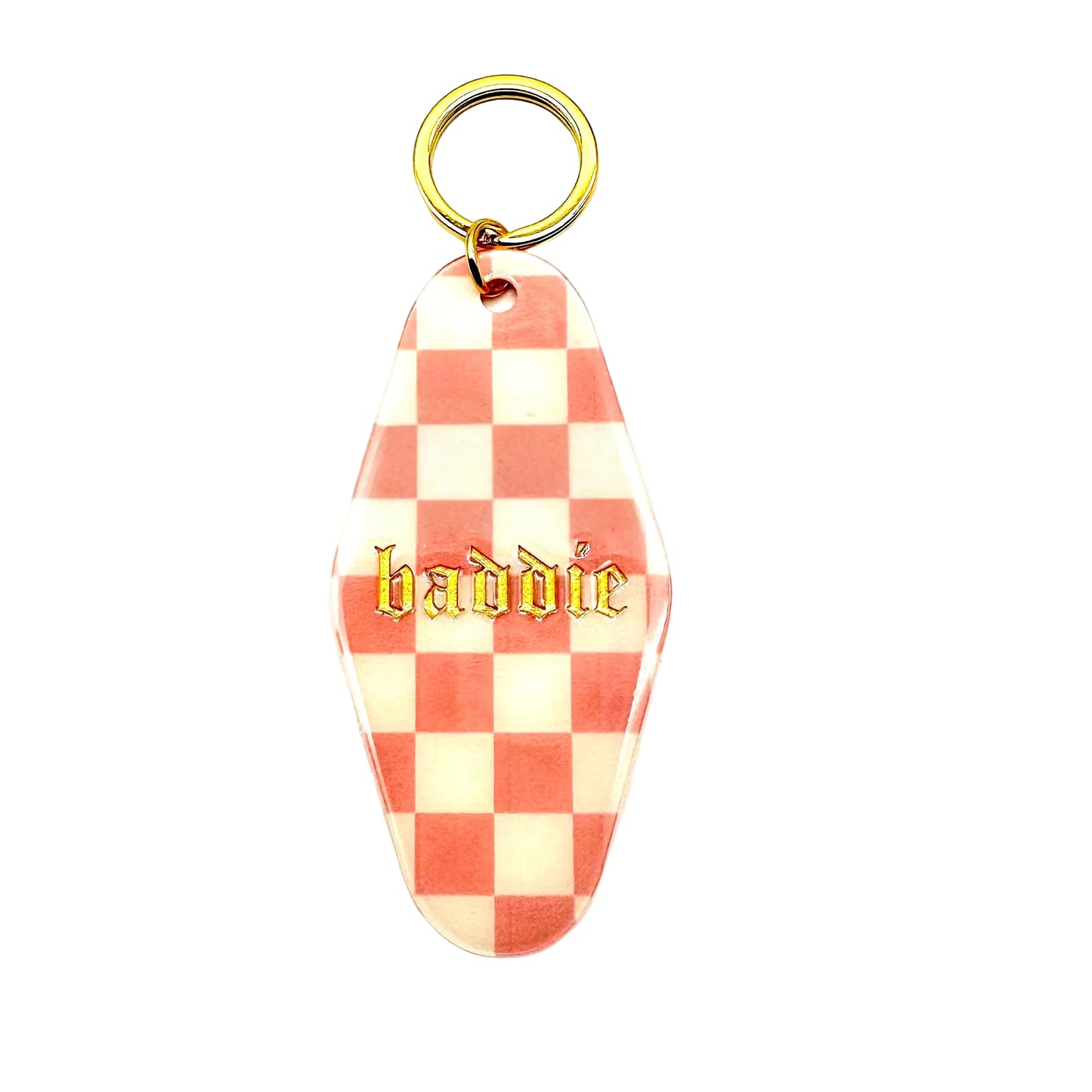 Checkered keychain with 'baddie' text on a white background