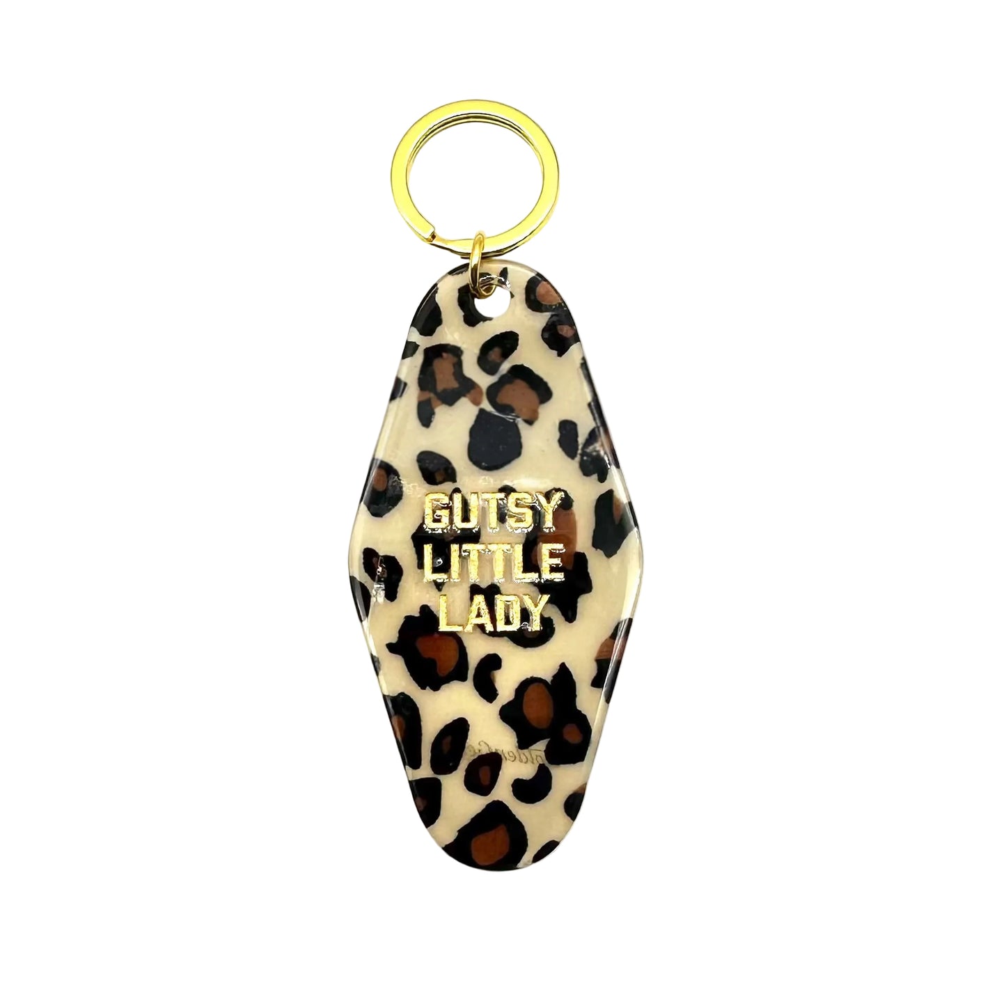 Leopard print keychain with 'Gutsy Little Lady' text on a white background