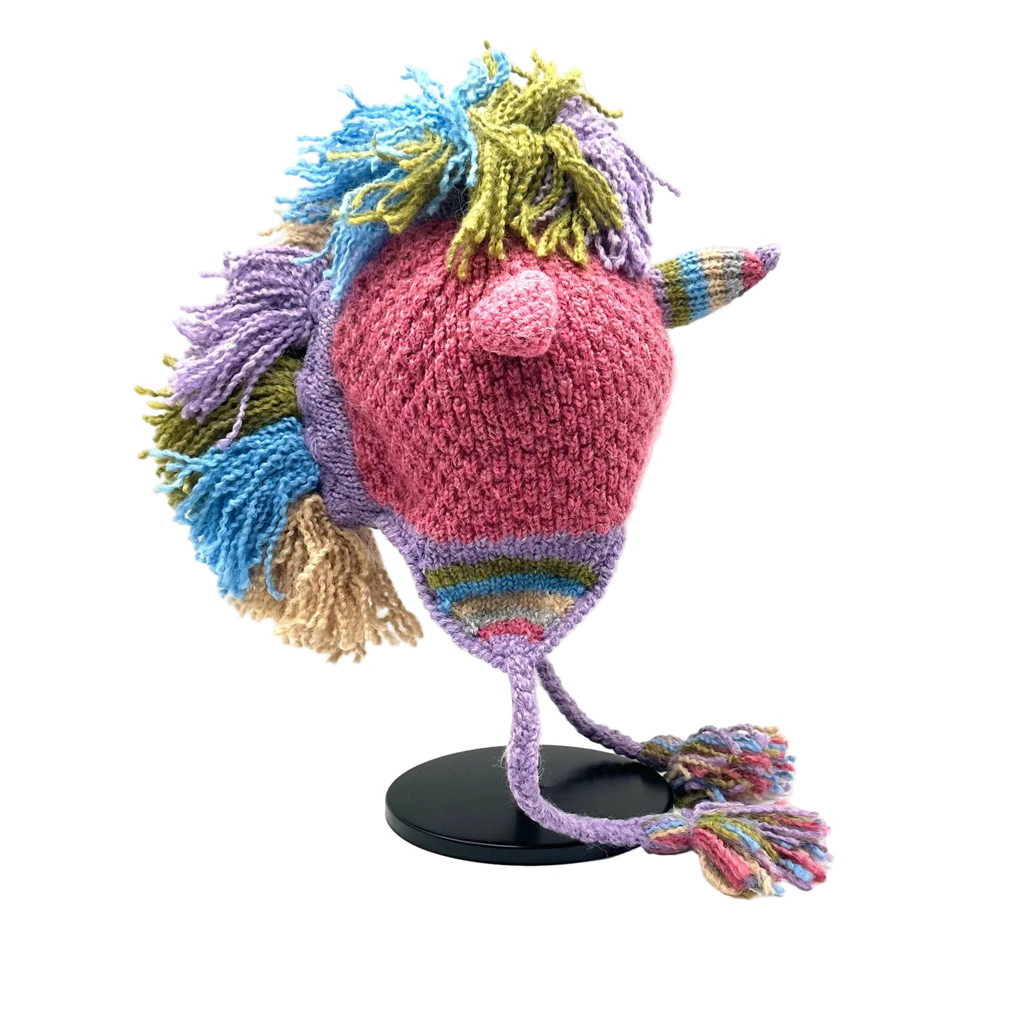 Colorful knitted hat with a pom-pom on a white background