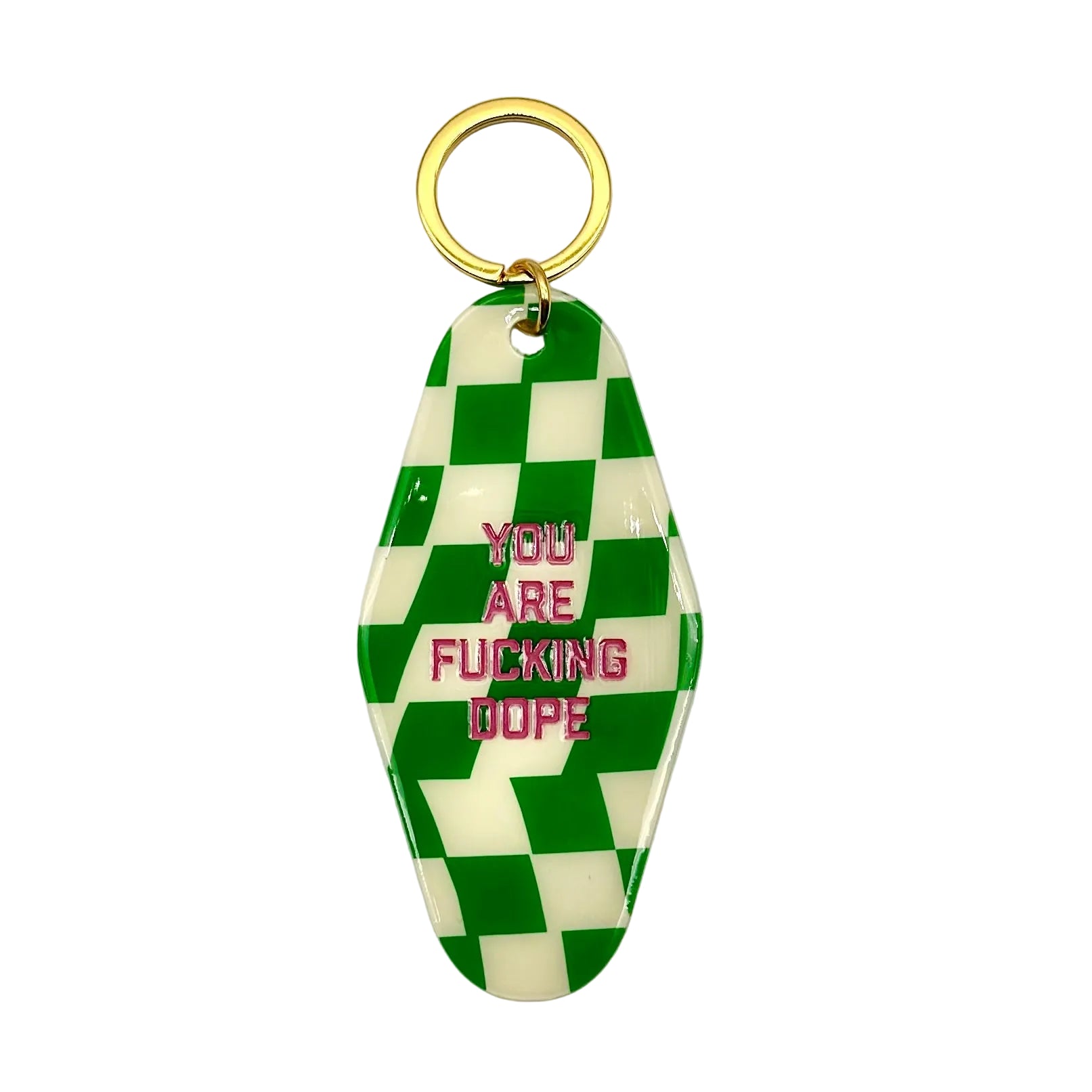 Green and white checkered keychain with pink text on a light gray background