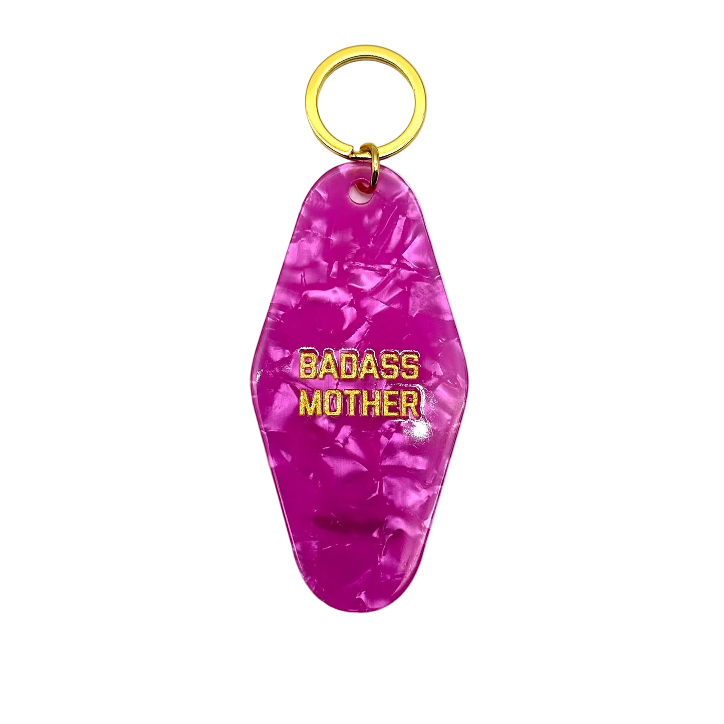 Pink keychain with 'BADASS MOTHER' text on a white background