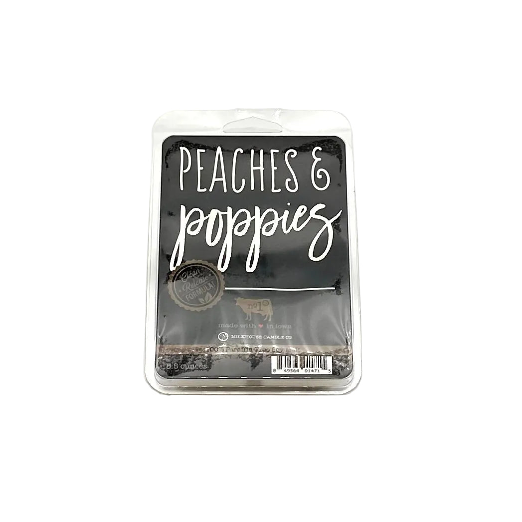Packaged product with 'Peaches & Poppies' branding on a white background