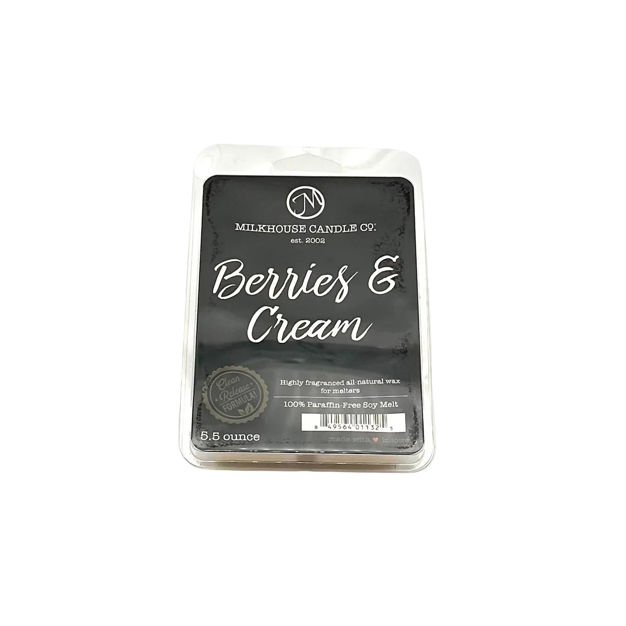 Packaged candle melt with 'Berries & Cream' flavor on a white background