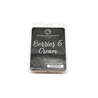 Packaged candle melt with 'Berries & Cream' flavor on a white background