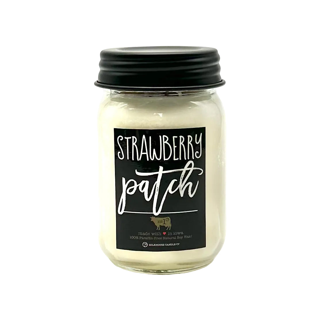 Candle jar with 'Strawberry Patch' label on a white background