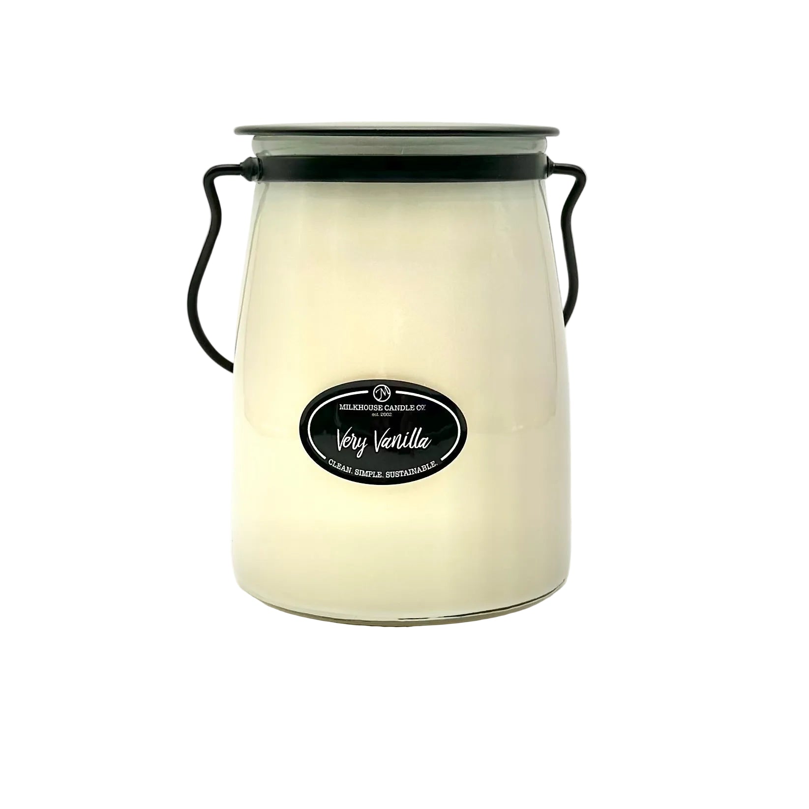 White candle jar with black label on a white background