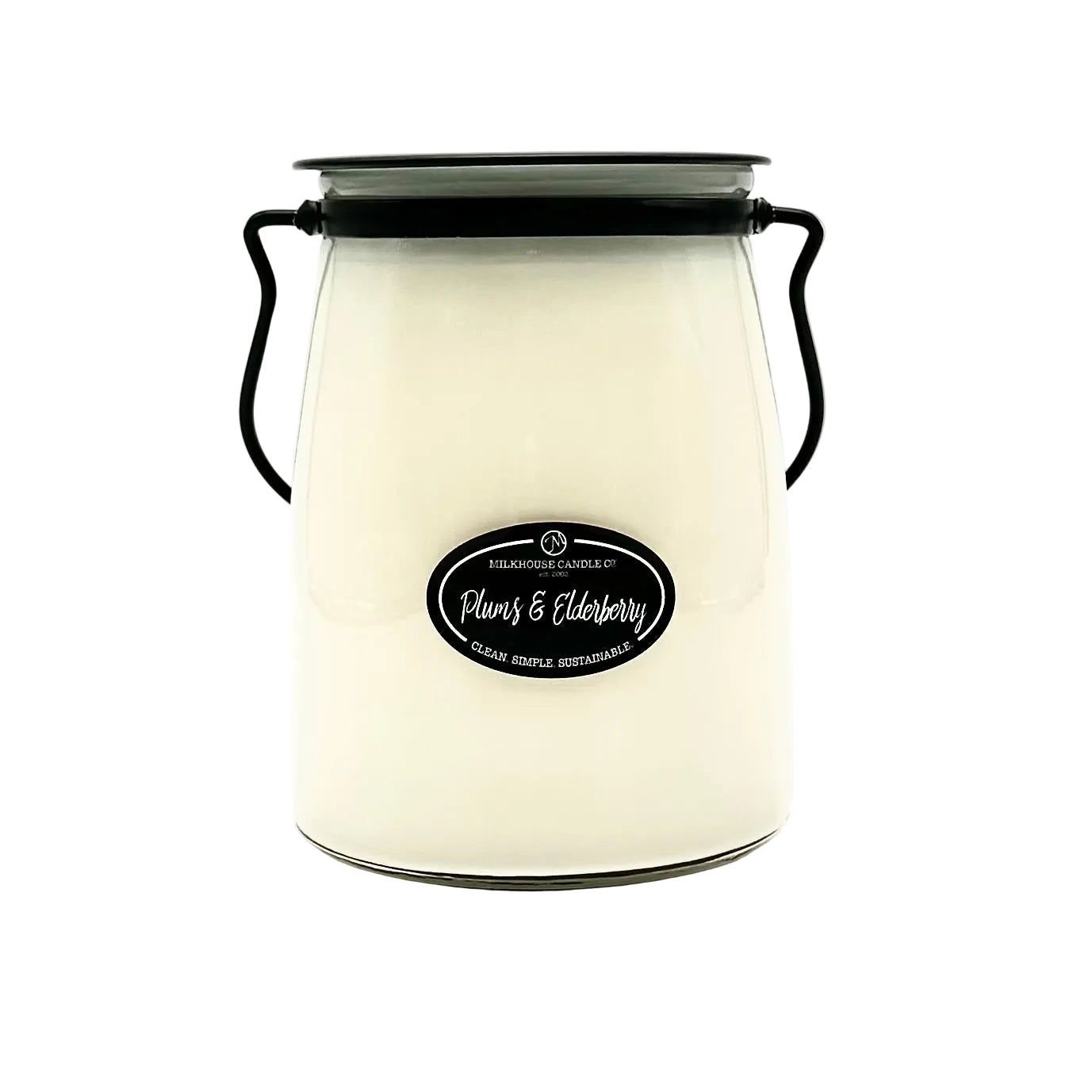 White candle jar with black lid and label on a white background