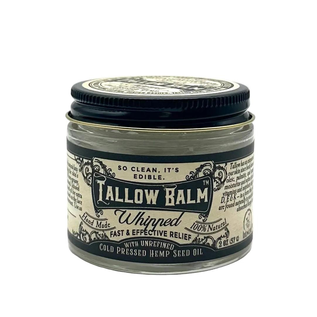 Jar of Tallow Balm with black lid on a white background