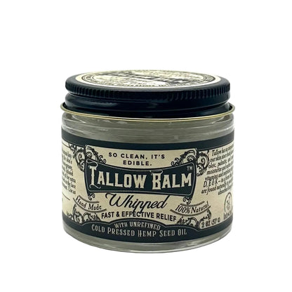 Jar of Tallow Balm with black lid on a white background