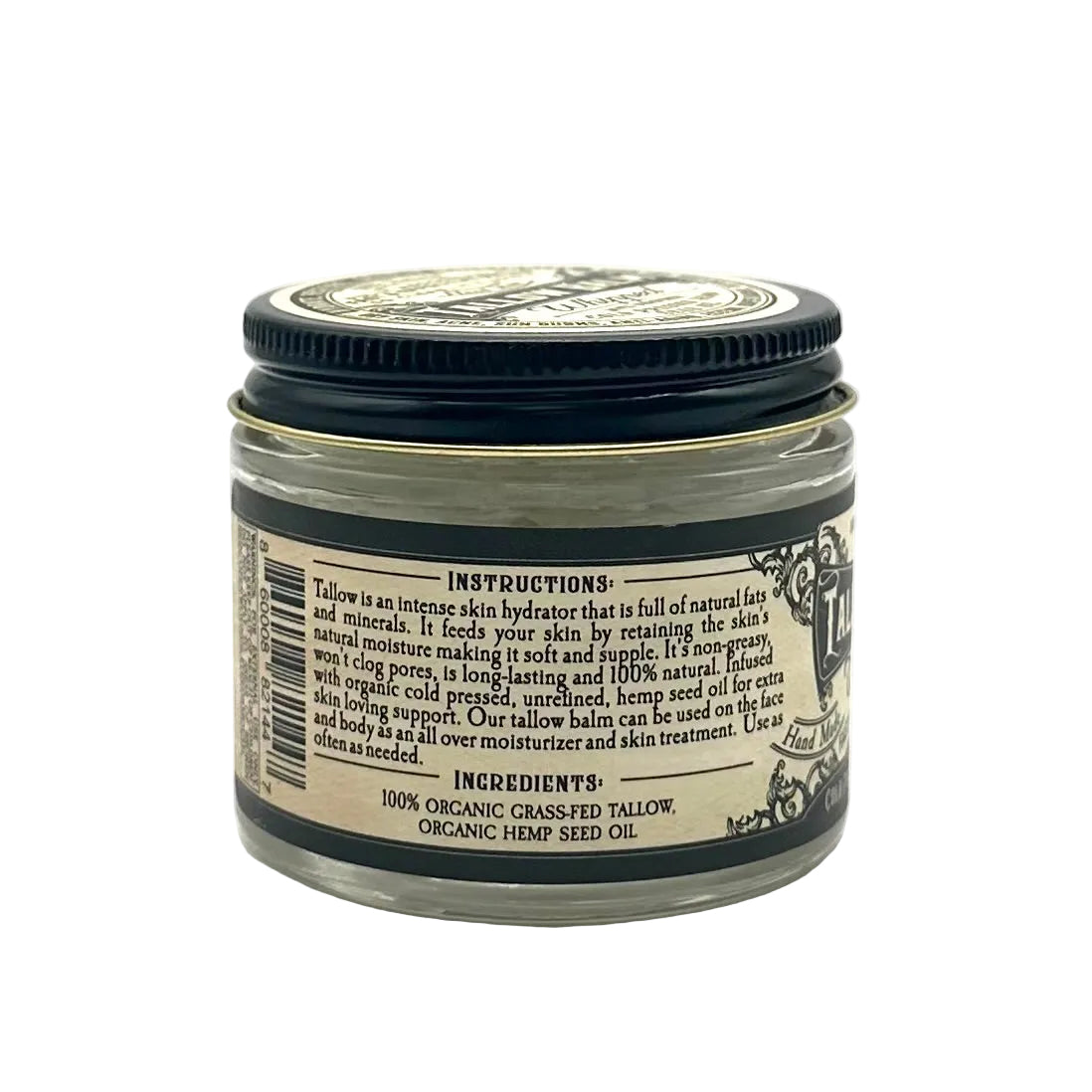 Jar of tallow with label on a white background