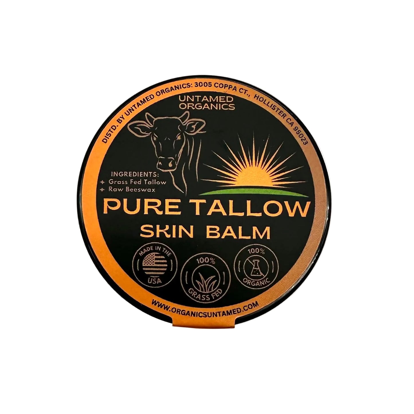 Container of Pure Tallow Skin Balm with branding and product details on a white background