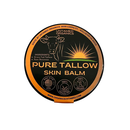 Container of Pure Tallow Skin Balm with branding and product details on a white background
