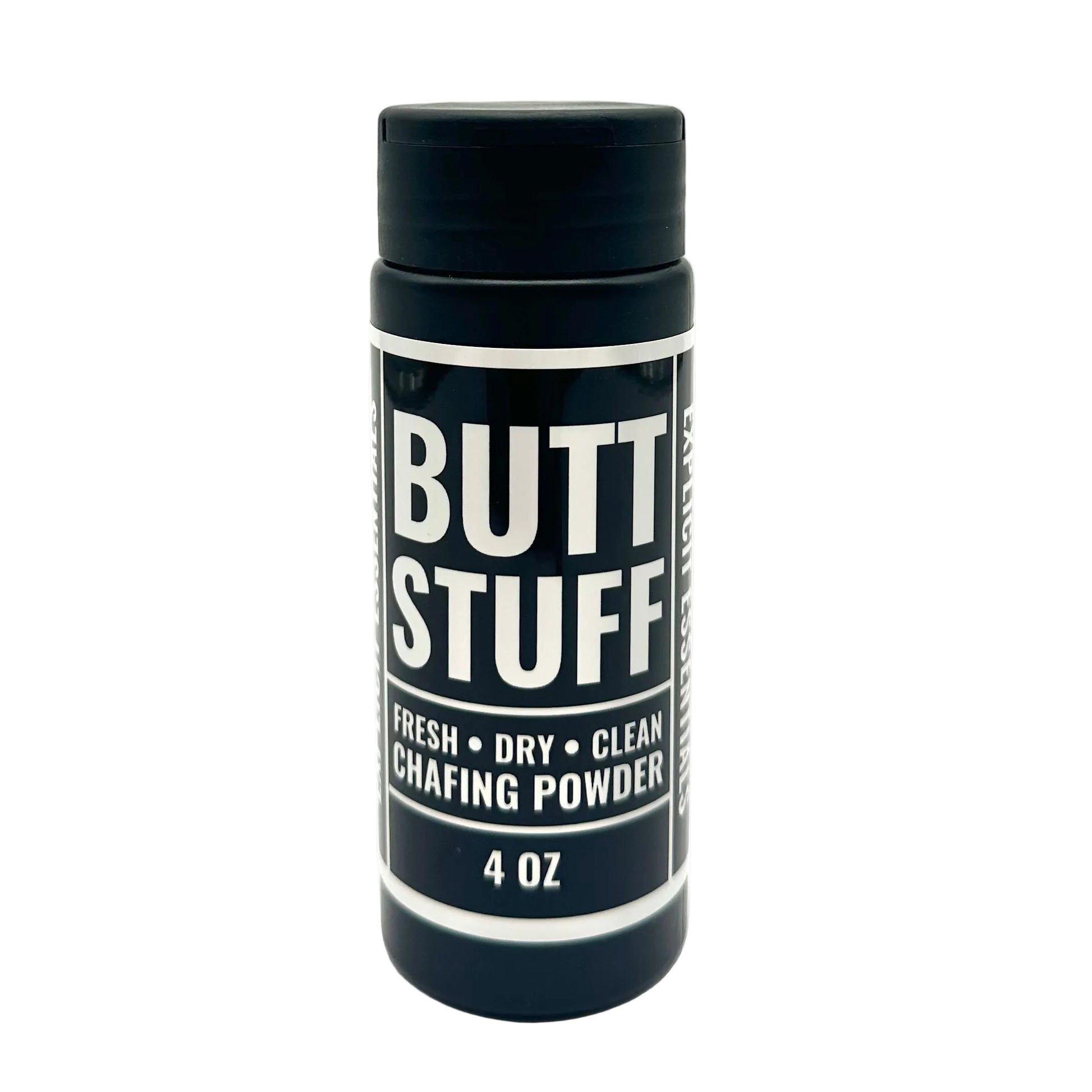 Bottle of 'Butt Stuff' chafing powder on a white background