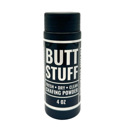 Bottle of 'Butt Stuff' chafing powder on a white background