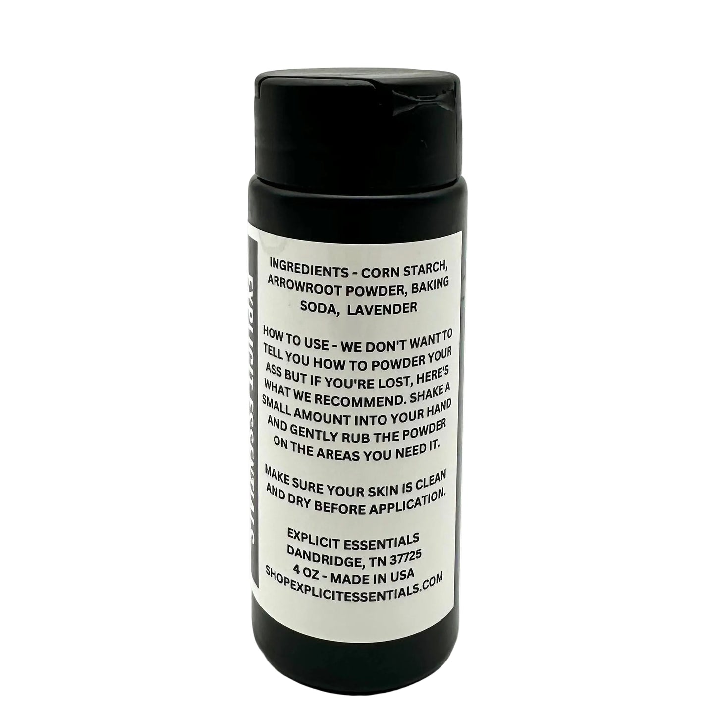 Black container with white label on a white background