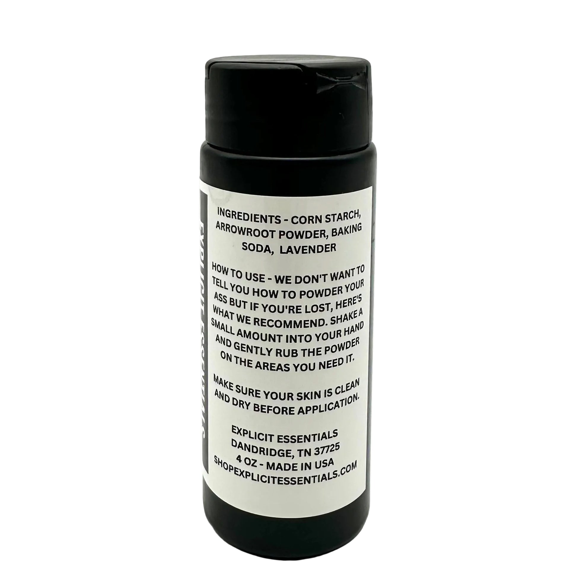 Black container with white label on a white background