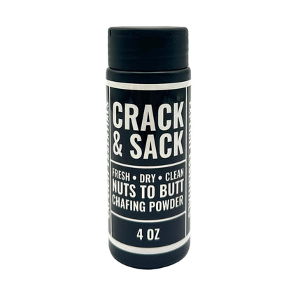 Chafing powder container labeled 'Crack & Sack' on a white background
