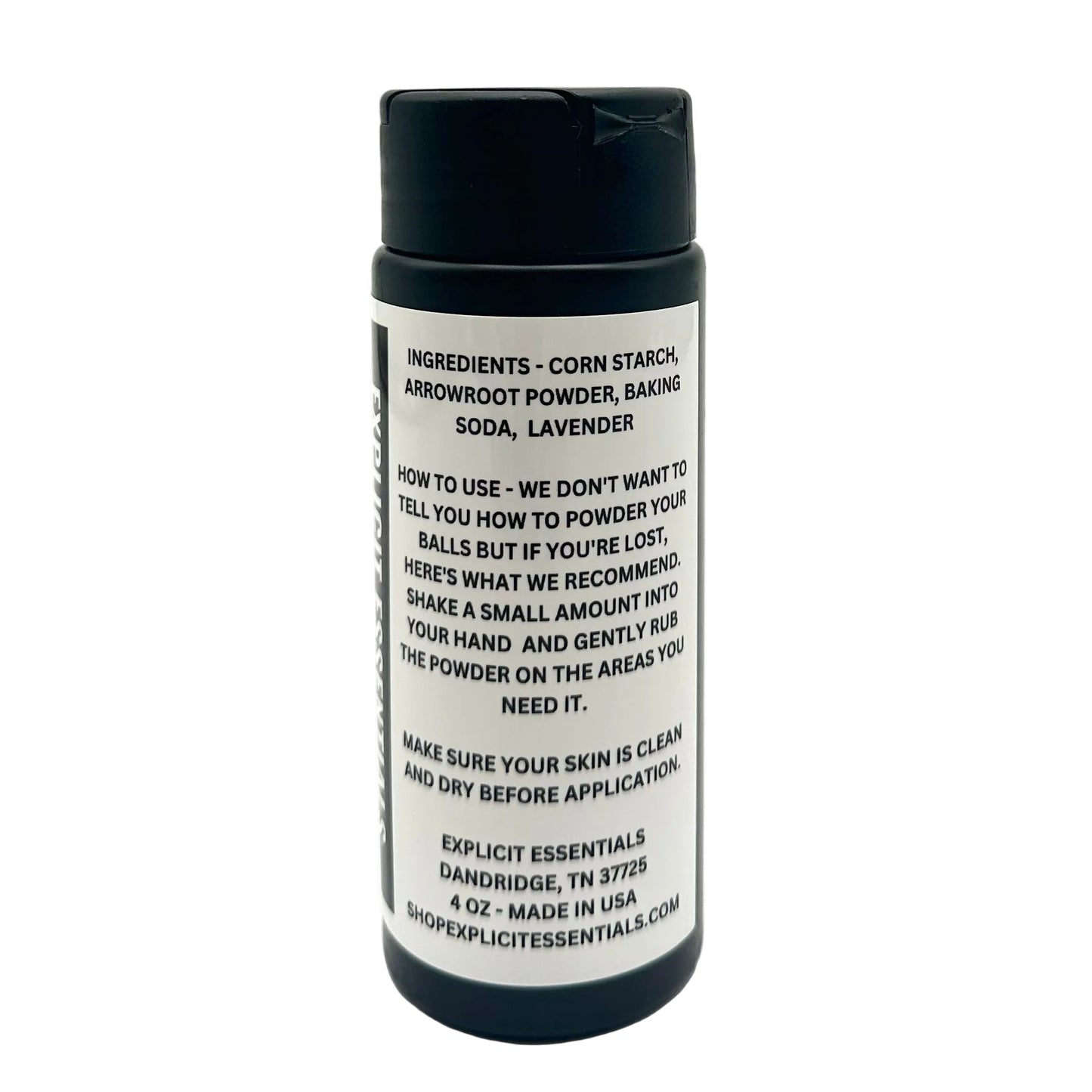 Bottle with black cap and white label on a white background