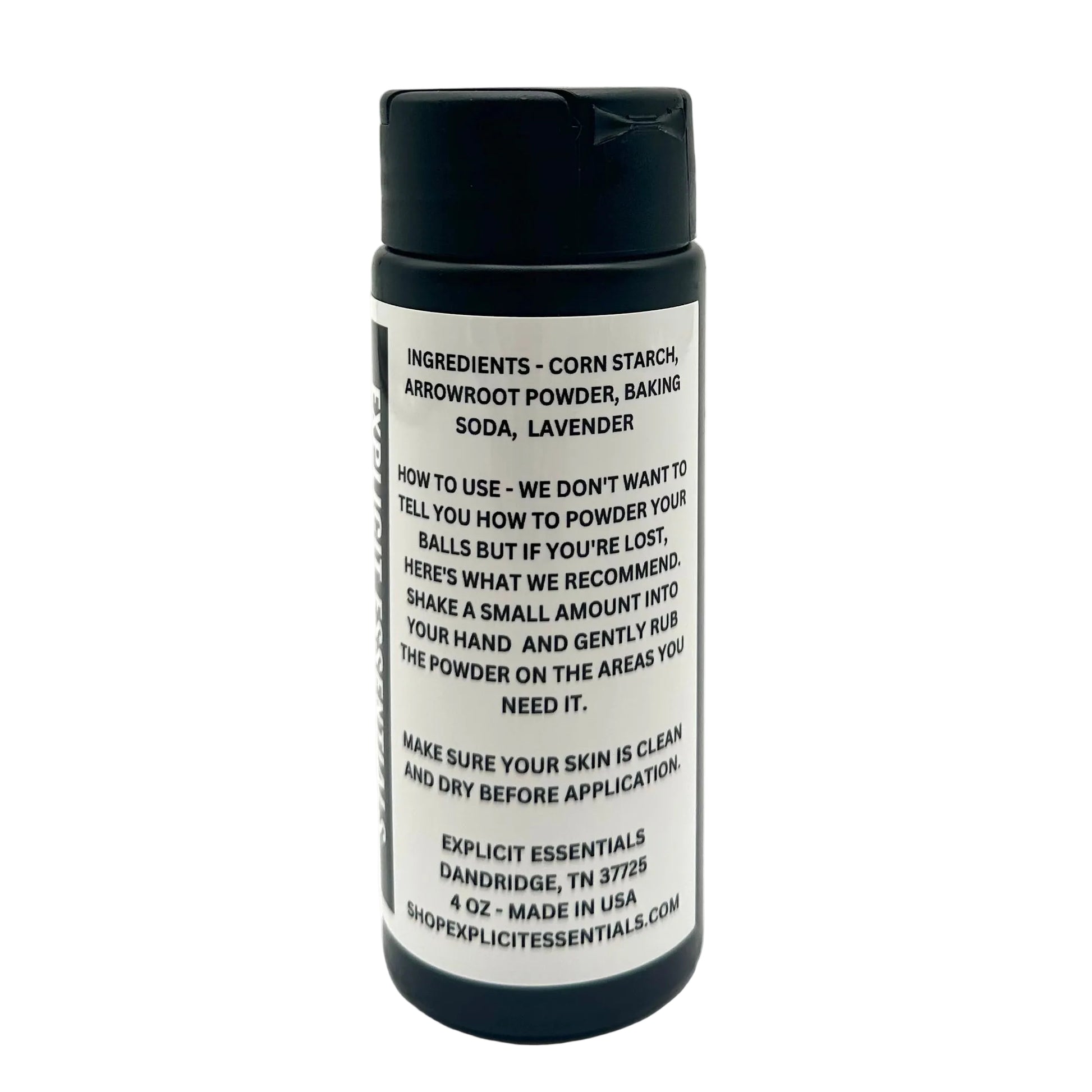 Bottle with black cap and white label on a white background