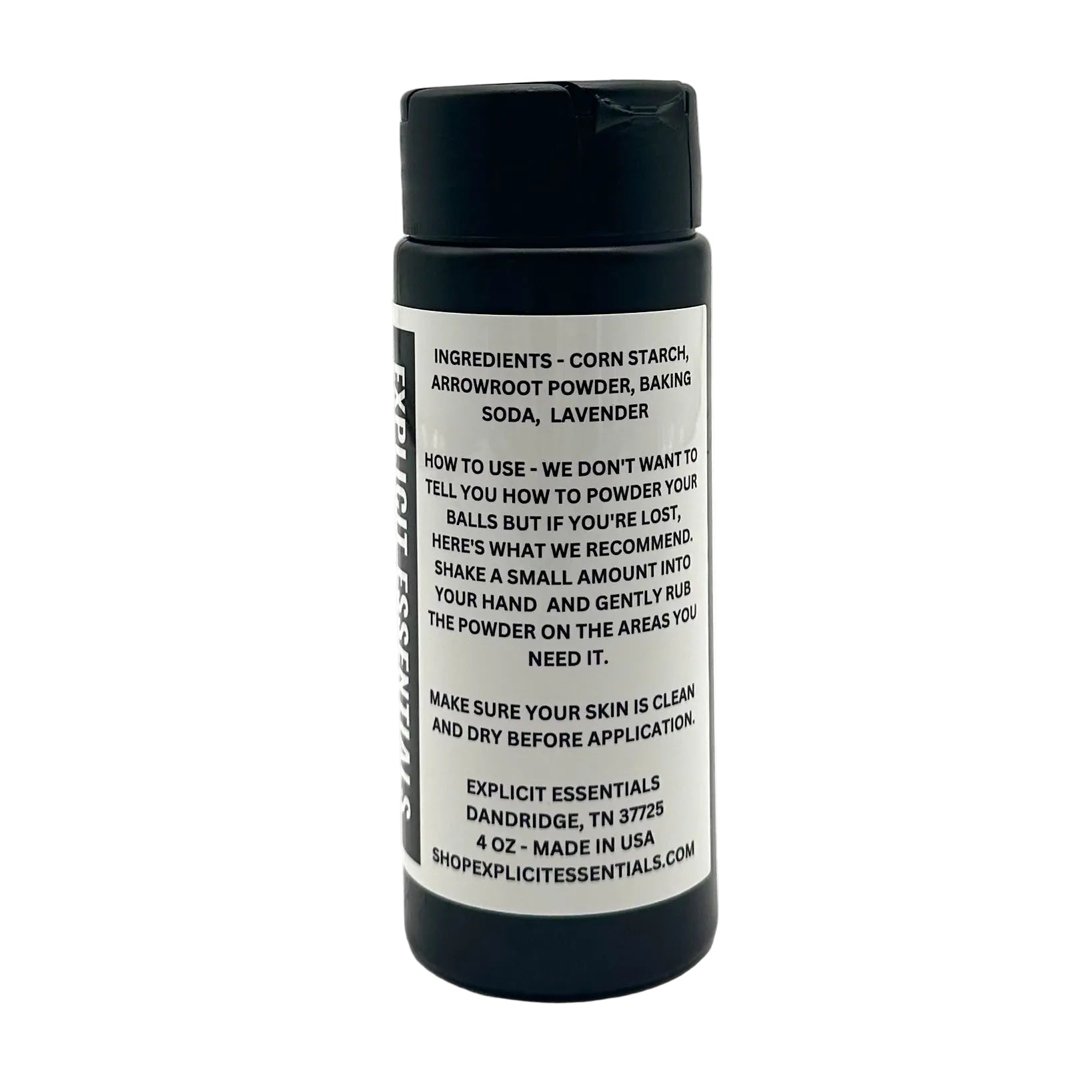 Bottle with black cap and white label on a white background