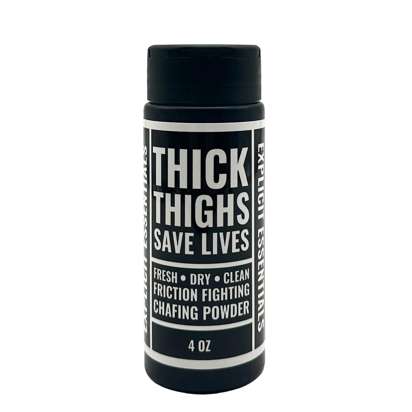 Chafing powder container with black and white label on a white background