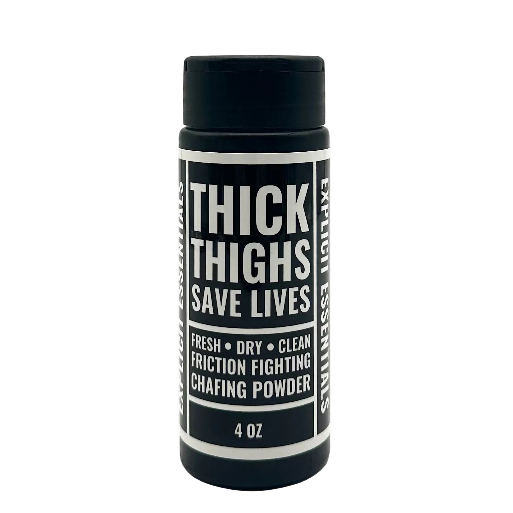 Chafing powder container with black and white label on a white background