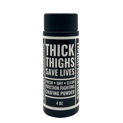 Chafing powder container with black and white label on a white background