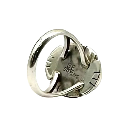 Silver ring with '925 Sterling' stamp on a white background