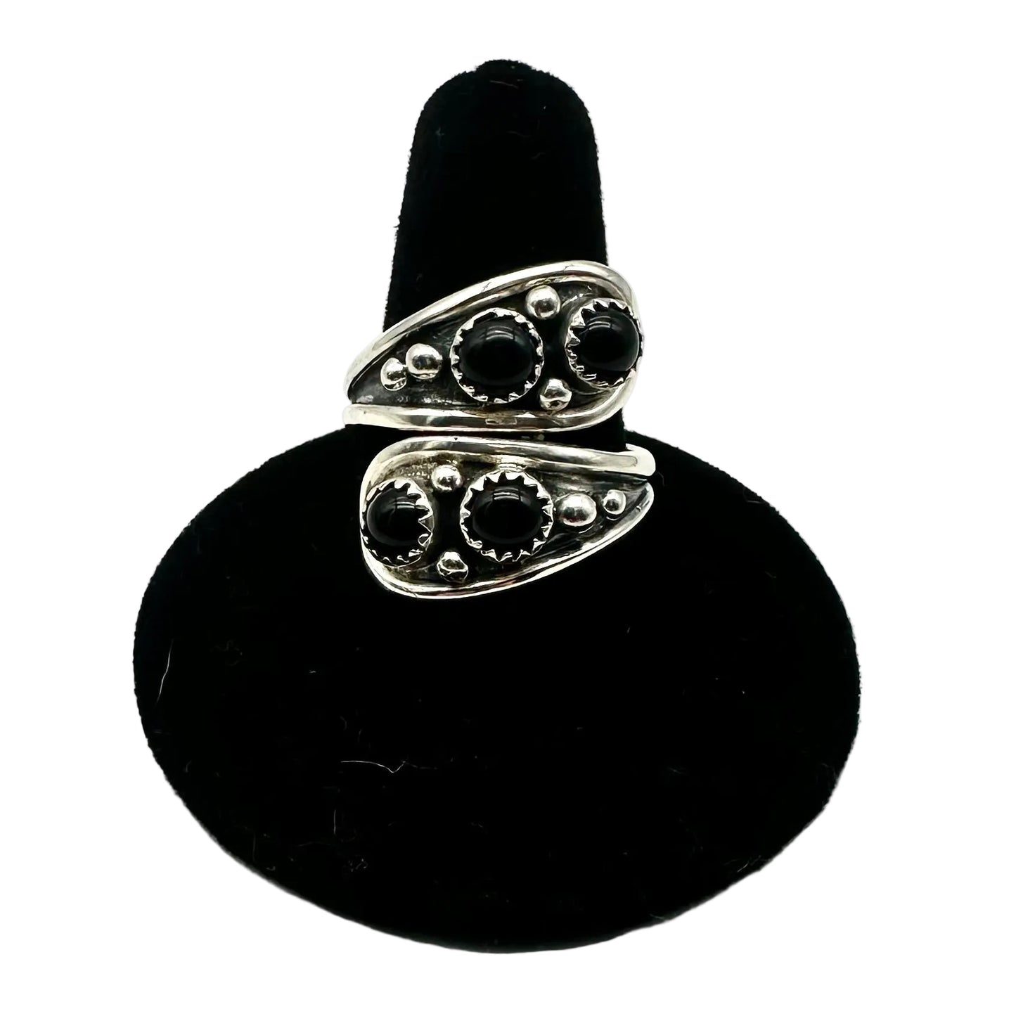 silver wrap ring with black onyx cabochons