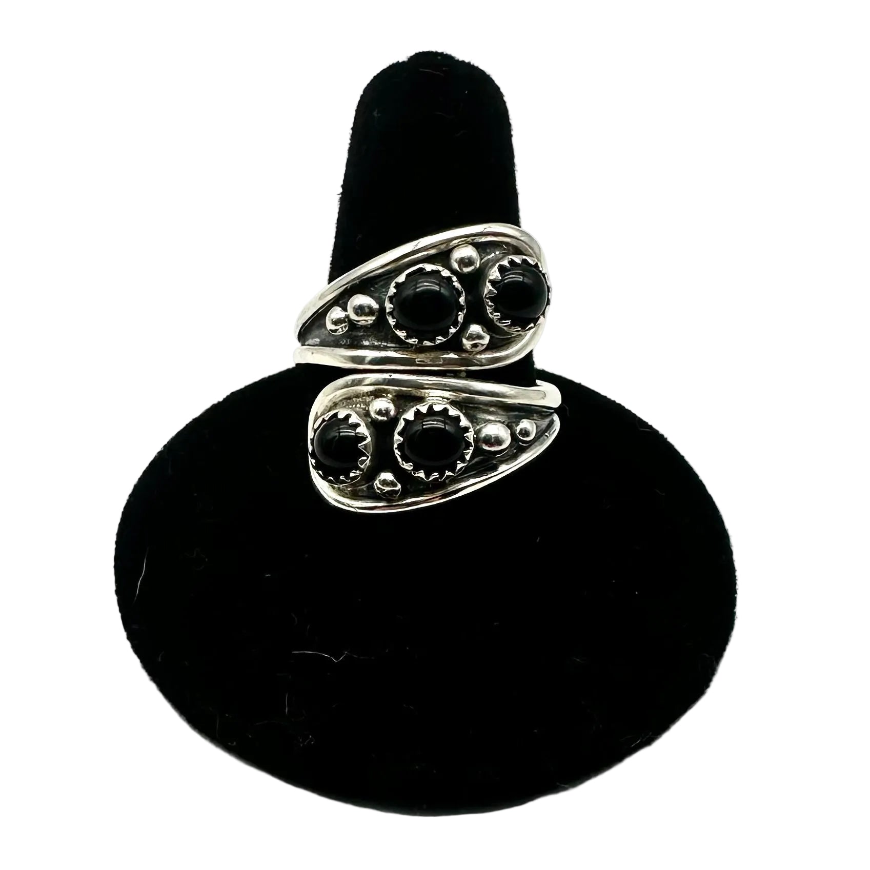 silver wrap ring with black onyx cabochons