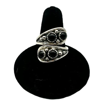 silver wrap ring with black onyx cabochons