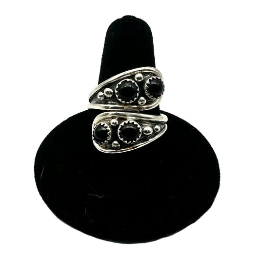silver wrap ring with black onyx cabochons