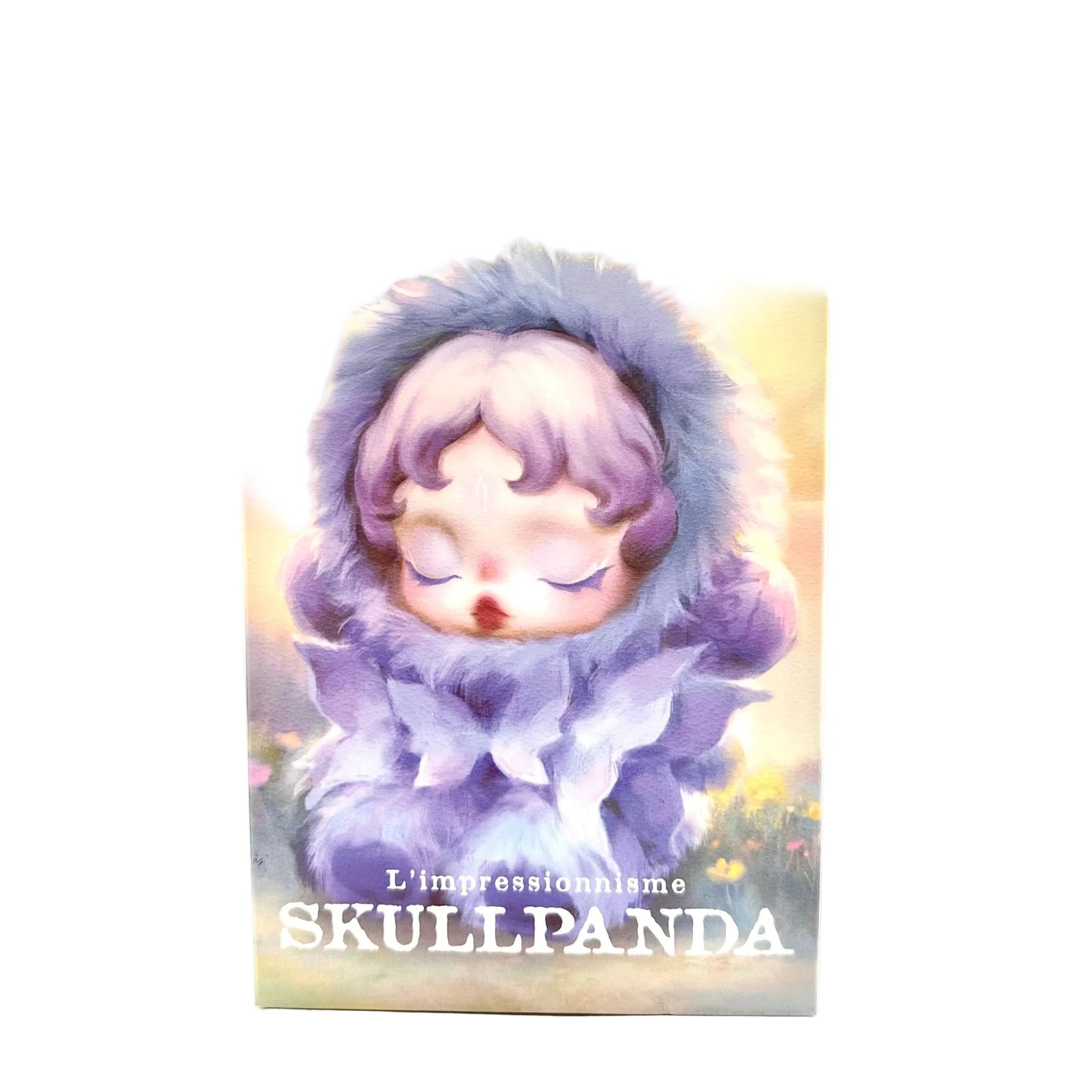 A vertical art print or book cover featuring a stylized sleeping child in a fluffy lavender hood against a soft pastel sky. The text 'L'impressionnisme SKULLPANDA' appears at the bottom, and a circular logo with 'SKULLPANDA' is visible near the top right.