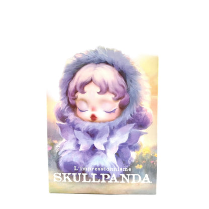 A vertical art print or book cover featuring a stylized sleeping child in a fluffy lavender hood against a soft pastel sky. The text 'L'impressionnisme SKULLPANDA' appears at the bottom, and a circular logo with 'SKULLPANDA' is visible near the top right.