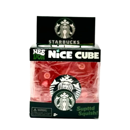 Starbucks Nre Doh Nice Cube Supttd Squishy! novelty toy in its original packaging, featuring a red cube-shaped toy visible through a clear plastic window on a white background.