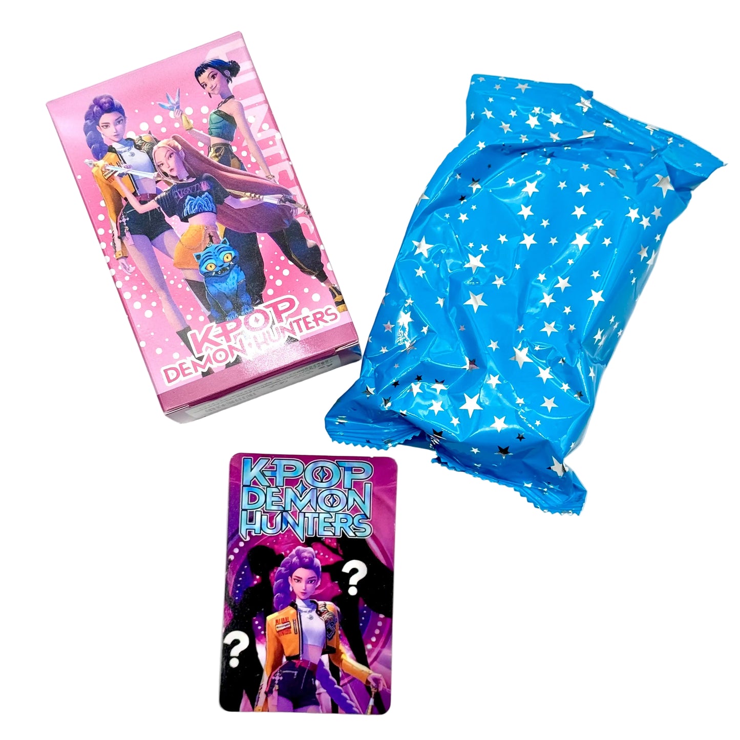 K-POP DEMON HUNTERS trading card game packaging with a blue star-patterned bag on a white background